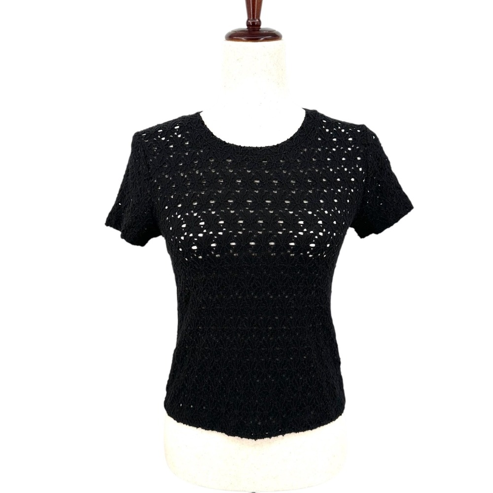 GAP Sheer Crochet Knit Top Black Stretch Crewneck Short Sleeve Women's Size XXS